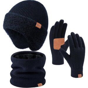 Unisex Navy Fleece-Lined Beanie with Earflaps, Scarf & Touchscreen Gloves